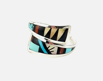 Zuni Sterling Silver Bypass Inlay Ring Native American Turquoise Handmade Sz 6-8