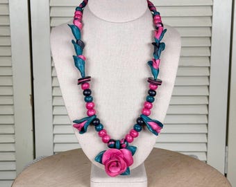 Bold Pink and Teal Polymer Clay Floral Rose Statement Necklace Handcrafted