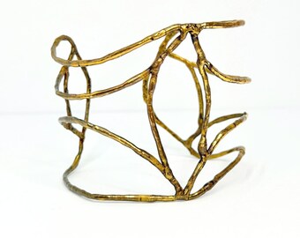 Vintage Brutalist Gold Tone Twig Branch Wide Cuff Bracelet Organic Modernist