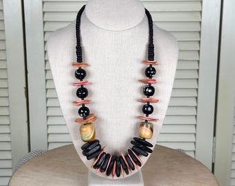 Vintage Black Coral Wood Disc Statement Necklace Tribal Boho 80s Artisan Jewelry