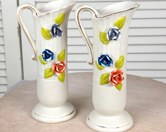 UCGC 60s Cream Capodimonte Vase Pair Orange Cobalt Blue Floral Pitcher MCM Decor
