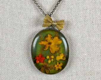 VTG 70s Boho Green Resin Wildflower 925 Sterling Silver Mexico Necklace Gold Bow