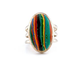 Statement Sterling Silver Multi Color Rainbow Calsilica Stripe Ring Size 8