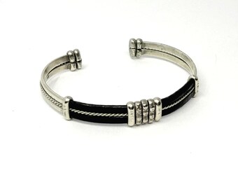 Sterling Silver Black Leather Cuff Bracelet Mixed Media Twisted Rope Detail
