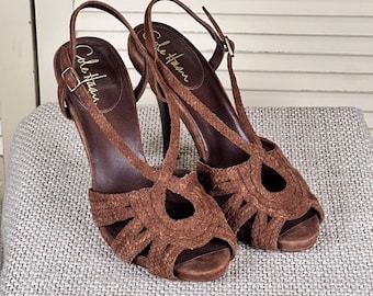 Luxe Cole Haan Brown Suede Boho Strappy Heels Braided Sandals Y2K Size 6 B