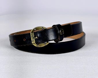Etienne Aigner Classic Black Leather Belt Vintage Brass Horseshoe Buckle Size 28