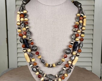 Vintage 70s Earthy Multi Strand Necklace Carnelian Agate Bone Silver Metal Beads