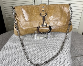 Luxury Y2K Charles David Tan Distressed Leather Shoulder Bag Silver Chain Purse