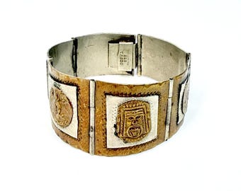Vintage 60s Taxco Mexico Sterling Silver Aztec Warrior Panel Bracelet Signed 925