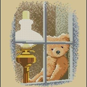 May include: A cross-stitch pattern of a teddy bear looking out of a window with a lit oil lamp beside it.