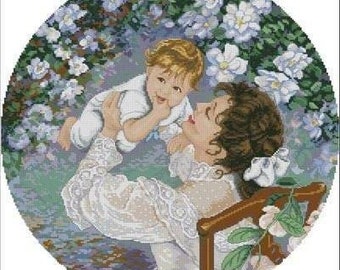 May include: A woman with long brown hair is holding a baby in her arms. The baby is wearing a white dress and the woman is wearing a white dress with lace. They are surrounded by white flowers.