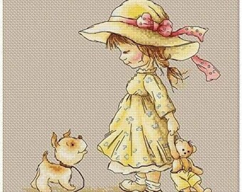 Little girl with puppy cross stitch pattern, dog cross stitch pattern