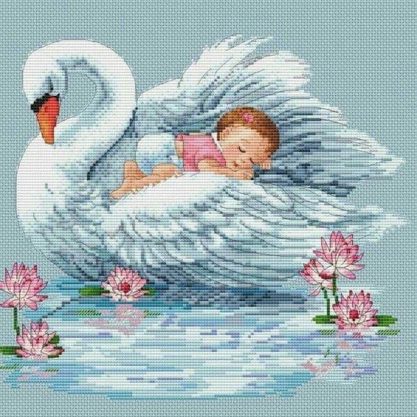 Baby cross stitch patter, baby and swan cross stitch pattern, swan cross stitch pattern