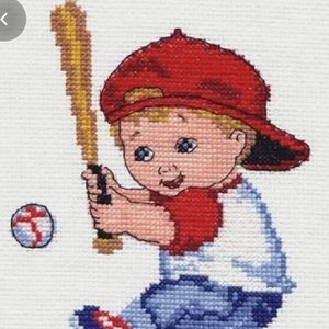 Little boy playing baseball cross stitch pattern, little boy with baseball bat cross stitch pattern, baseball cross stitch