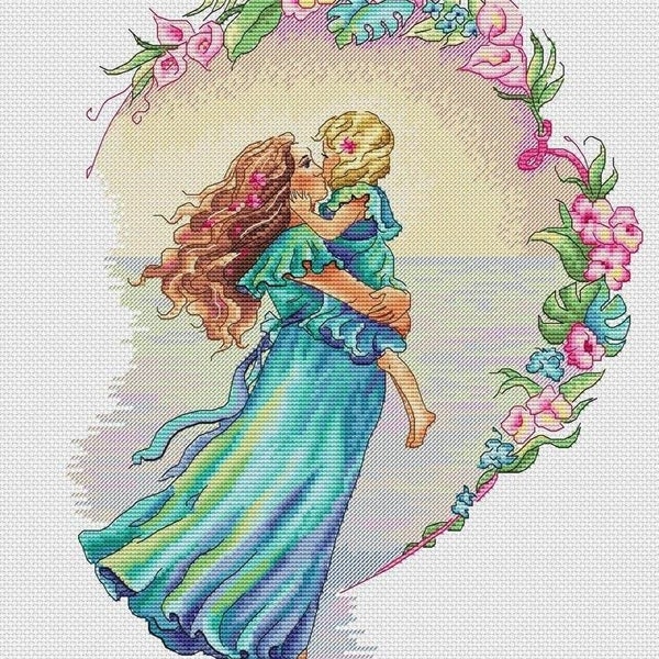 Mother and child cross stitch pattern, mother with daughter cross stitch, mother and baby cross stitch