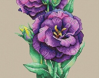 Könnte beinhalten: Ein Strauß lila Lisianthus-Blumen mit grünen Blättern. Die Blüten sind in voller Blüte und haben ein zartes, aquarellartiges Aussehen.