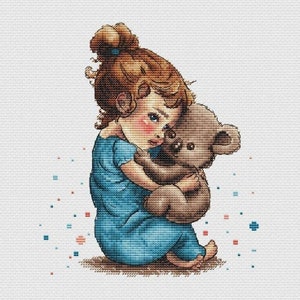 Little girl with toy bear cross stitch pattern, cross stitch pattern for kid&#39;s room, teddy bear cross stitch pattern