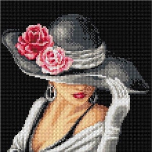 May include: A woman wearing a large, gray hat with a white ribbon and pink roses. She is wearing a white dress and gloves. The background is black.