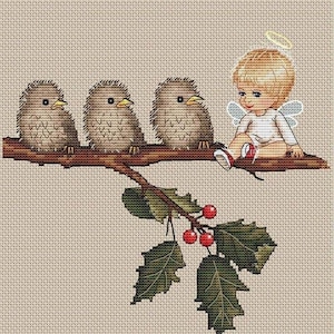 Little angel and birds on the tree cross stitch pattern, little angel cross stitch pattern, cross stitch pattern for kid&#39;s room