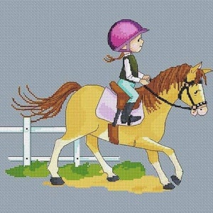 Mädchen auf dem Pferd Kreuzstichmuster, Reiter Mädchen Kreuzstich, Pferd Kreuzstich, Pferd reiten Kreuzstichmuster