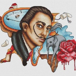 Peut inclure: Une illustration colorée de Salvador Dali avec une horloge qui fond, une rose, un éléphant et une abeille. L'illustration est de style surréaliste et présente une variété de couleurs et de textures.