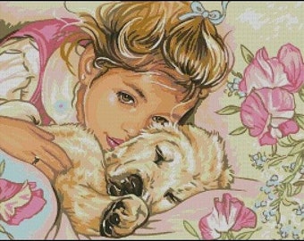 Little girl and dog cross stitch pattern, lovely dog cross stitch, girl with her dog friend cross stitch pattern