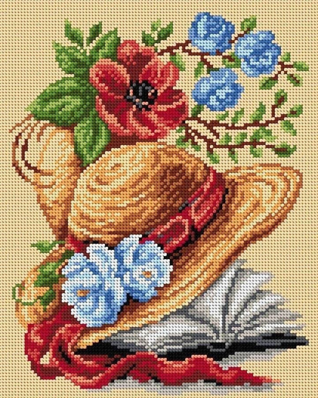 Summer Hat Cross Stitch Pattern, Summer Flowers Cross Stitch Pattern, Book and Flowers Cross
