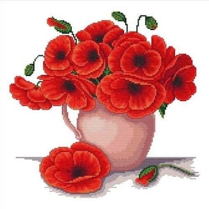 Poppies cross stitch pattern, red poppy cross stitch, poppies in vase cross stitch, spring flowers cross stitch, flowers cross stitch