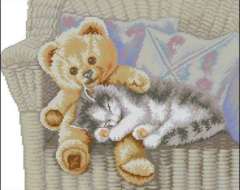 Teddy bear and kitten cross stitch pattern, teddy bear cross stitch, kitten cross stitch, cat cross stitch