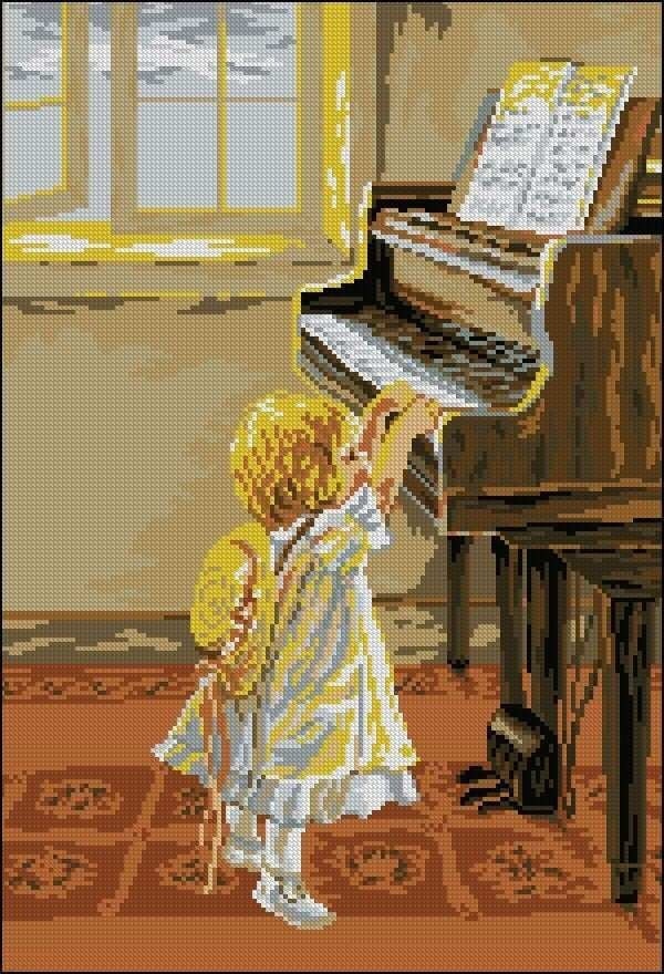 Little Girl Cross Stitch Pattern, Little Girl Playing Piano Cross