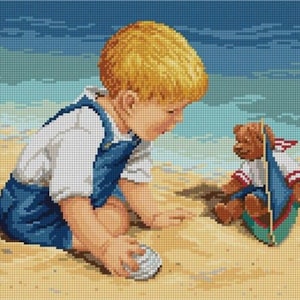 Little boy at the sea cross stitch pattern, baby boy with teddy bear cross stitch, boy in the sand cross stitch