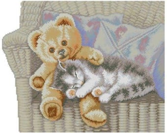 Teddy bear cross stitch pattern, cat cross stitch, kitten cross stitch, teddy bear and little cat cross stitch