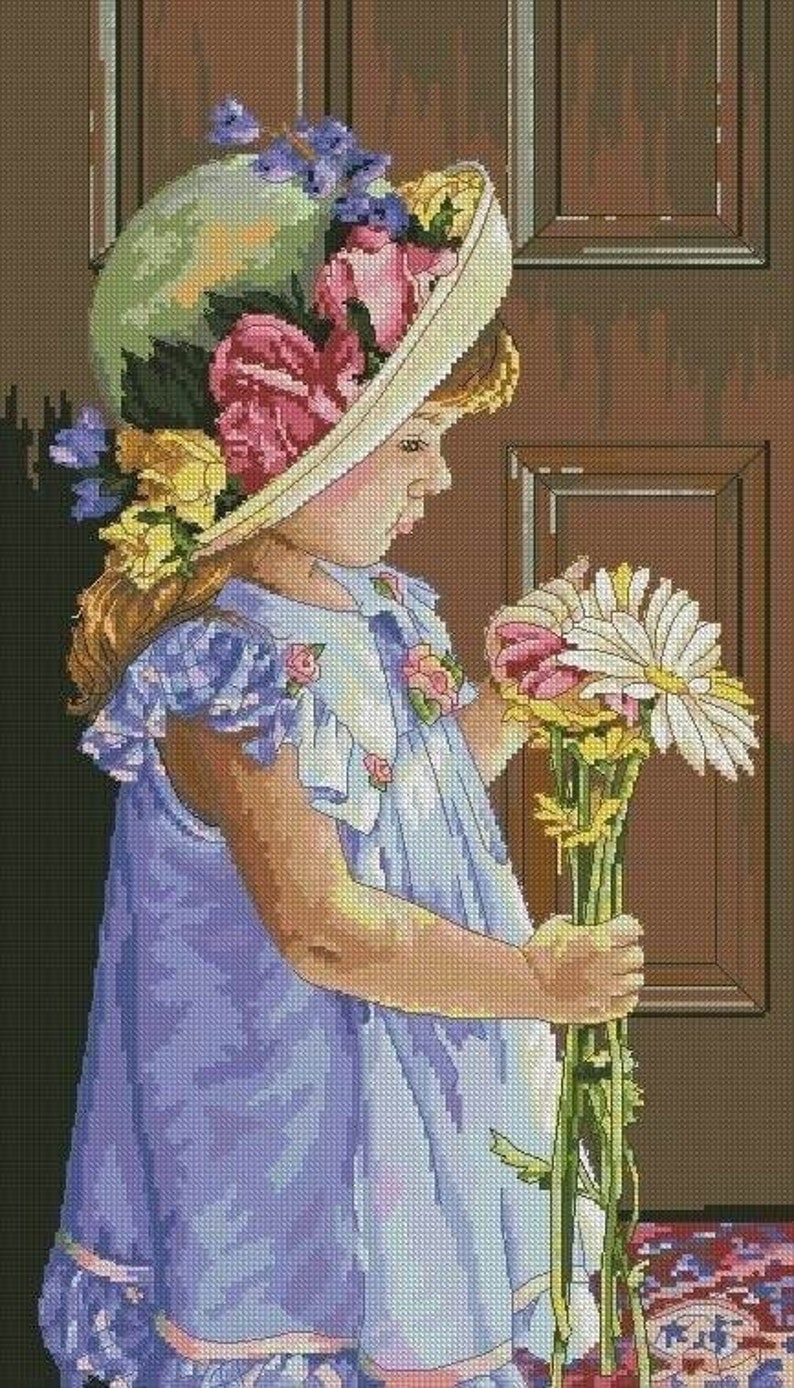 Little Girl Cross Stitch Pattern, Girl and the Flowers Cross Stitch
