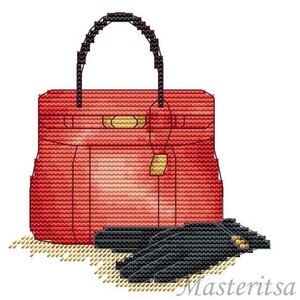May include: A red leather handbag with a gold clasp and black leather gloves.