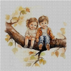 Kruissteekpatroon kleine jongen en meisje, kruissteek kinderen, kruissteek kinderen in de boom