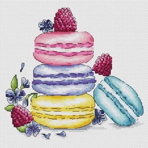 Op de afbeelding: Een stapel kleurrijke macarons met een gele macaron onderaan, een paarse macaron in het midden en een roze macaron bovenop. Er zijn frambozen en paarse bloemen rond de macarons.