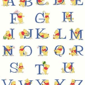 Patrón de punto de cruz con el alfabeto inglés, letras en punto de cruz en inglés, patrón de punto de cruz de Winnie Pooh, alfabeto de Winnie Pooh en punto de cruz