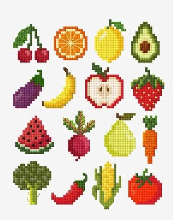 フルーツのクロスステッチパターン、野菜のクロスステッチ、フルーツと