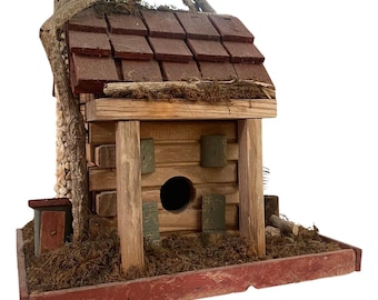 Handmade Rustic Log Birdhouse, Mountain Cabin Decor, Stone Chimney, Cedar Roof