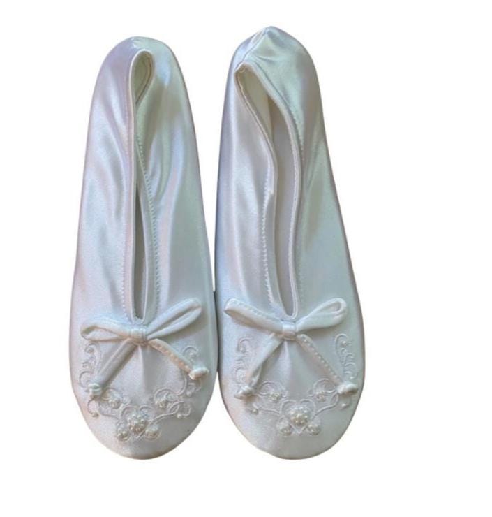 David's Bridal Isabelle White Satin Ballerina Slippers, Embroidered…