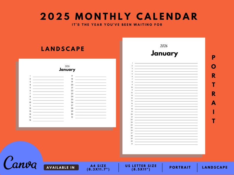2026 Monthly Calendar Template Blank Calendar Canva Etsy