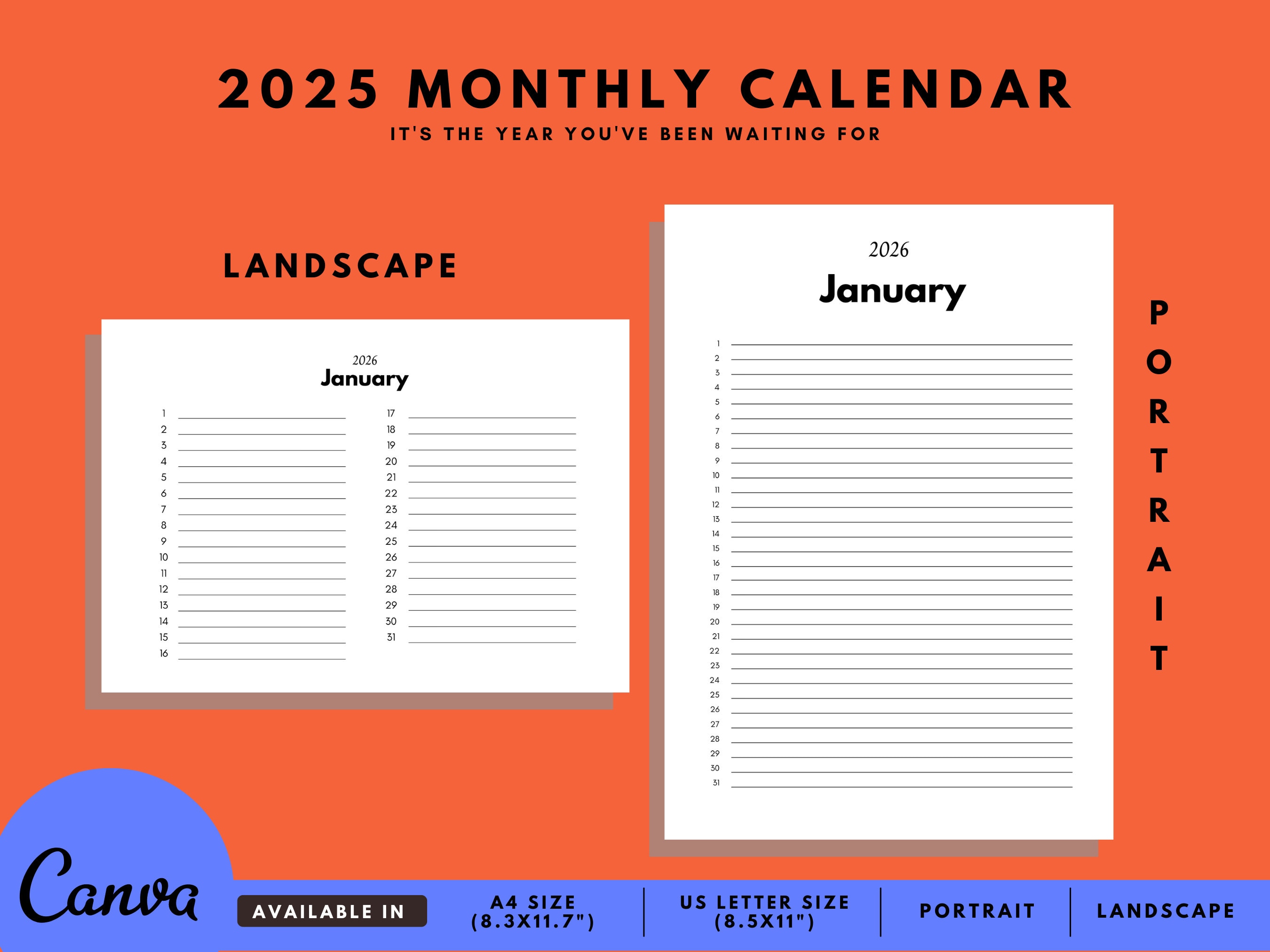 2026 Monthly Calendar Template Blank Calendar Canva Etsy