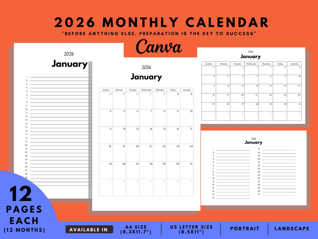 2026 Monthly Calendar Template Blank Calendar Canva Template Printable