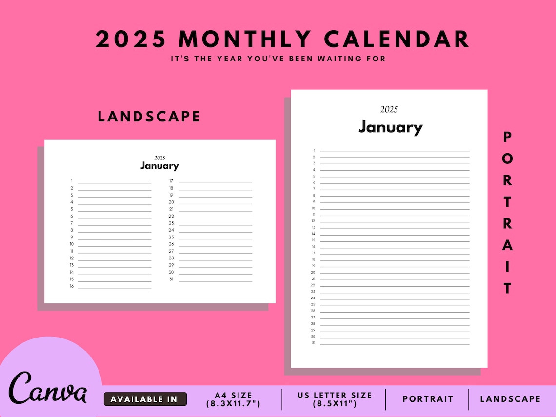 2025 Monthly Calendar Template Blank Calendar Canva Etsy