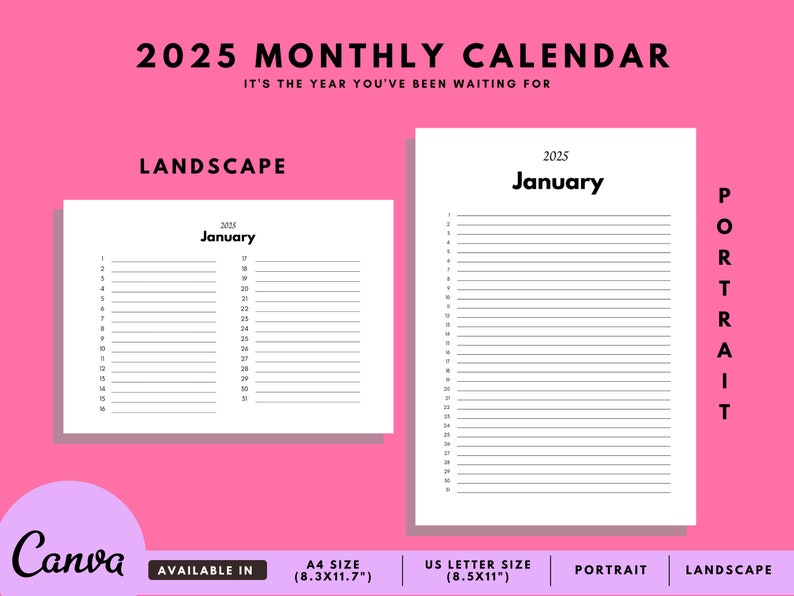 2025 Monthly Calendar Template Blank Calendar Canva Etsy