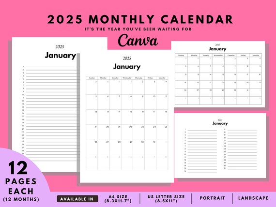 2025 Monthly Calendar Template Blank Calendar Canva - Etsy