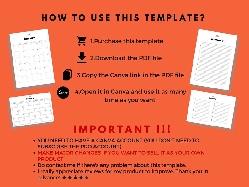 2026 Monthly Calendar Template Blank Calendar Canva Etsy