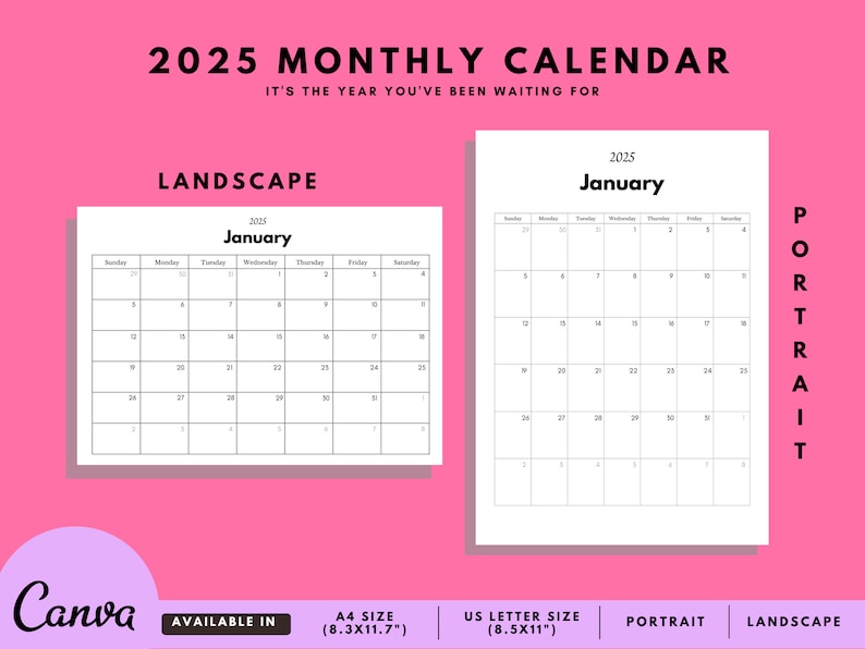 2025 Monthly Calendar Template Blank Calendar Canva Etsy