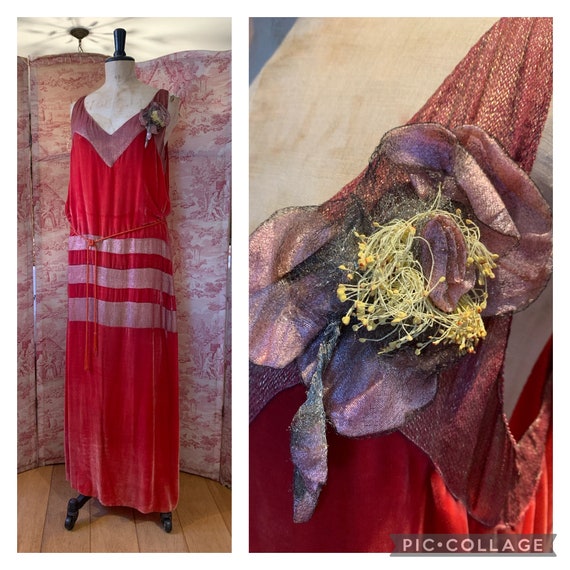 Spectacular RARE 20s couture red silk velvet and … - image 8