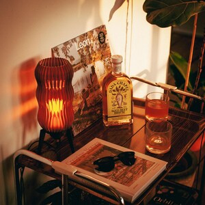 Illuminated Wavy x Amber L lamp provides warm mood lighting on a bar cart styled with liquor bottle, glass, books, and plant. Handmade recycled plastic lamp with retro MCM tripod base. Space age inspired eco-friendly accent light for entertaining.